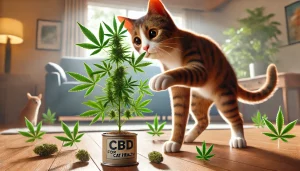 CBD For Cat Health - Cat clawing at Cannabis plant