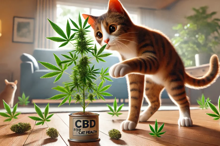 CBD For Cat Health - Cat clawing at Cannabis plant